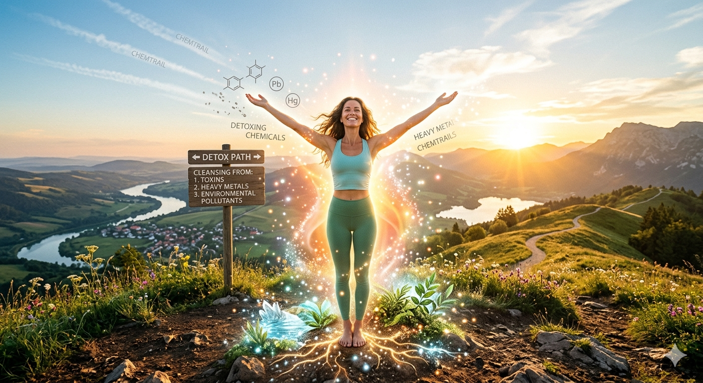 A woman standing on a hilltop with arms raised, surrounded by glowing light and digital effects, overlooking a river and mountain landscape at sunset.