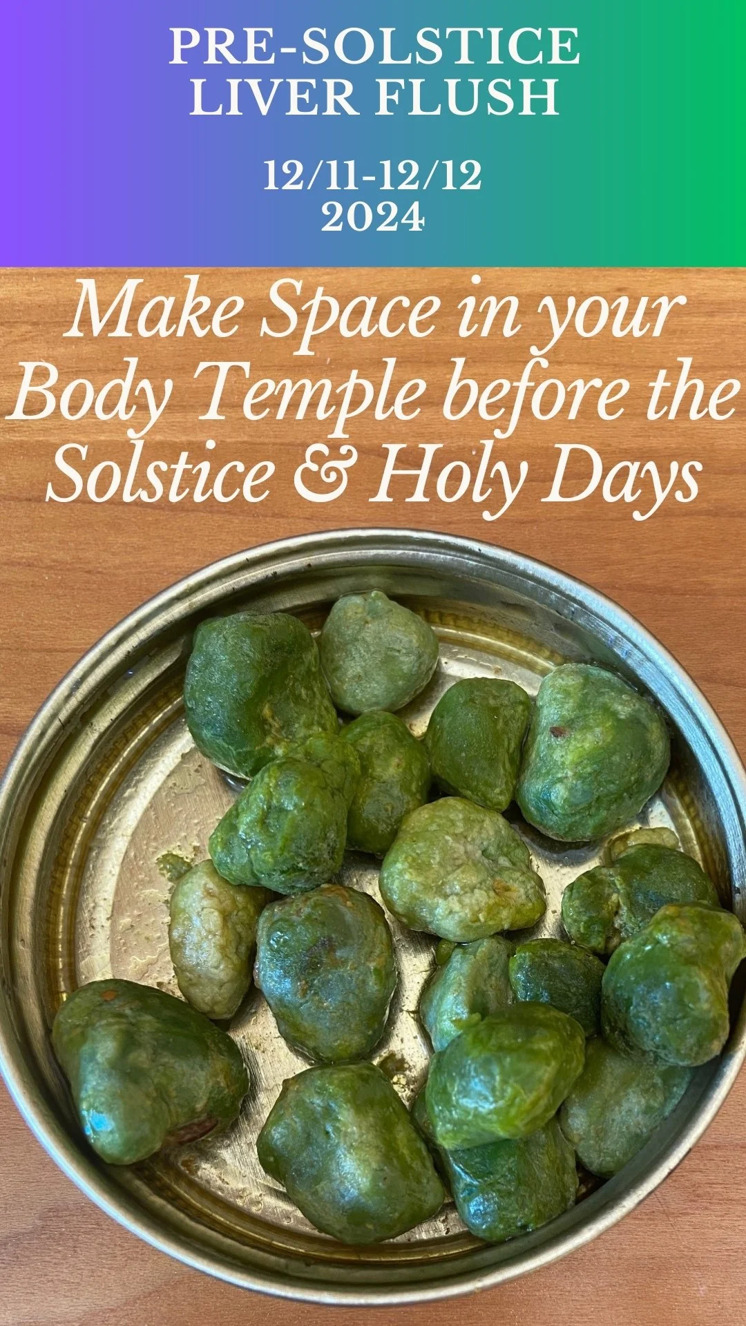 Brussels sprouts on a metal plate with a colorful sign above that says 'Pre-Solstice Liver Flush 12/11-12/12 2024 Make Space in Your Body Temple Before the Solstice & Holy Days'.