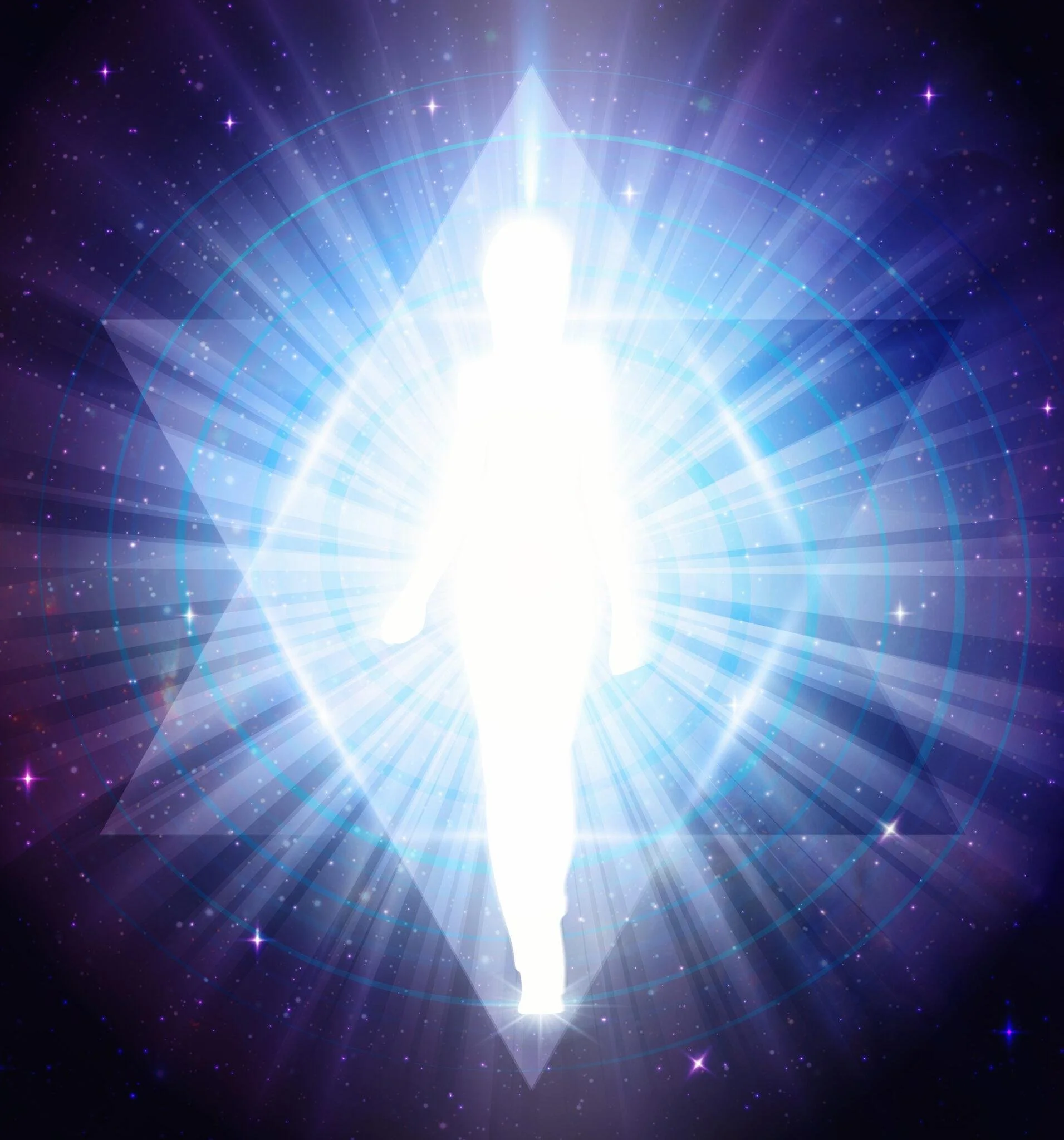 A bright light source surrounded by cosmic or star-like elements, with geometric lines and shapes, set against a dark purple and blue space background.