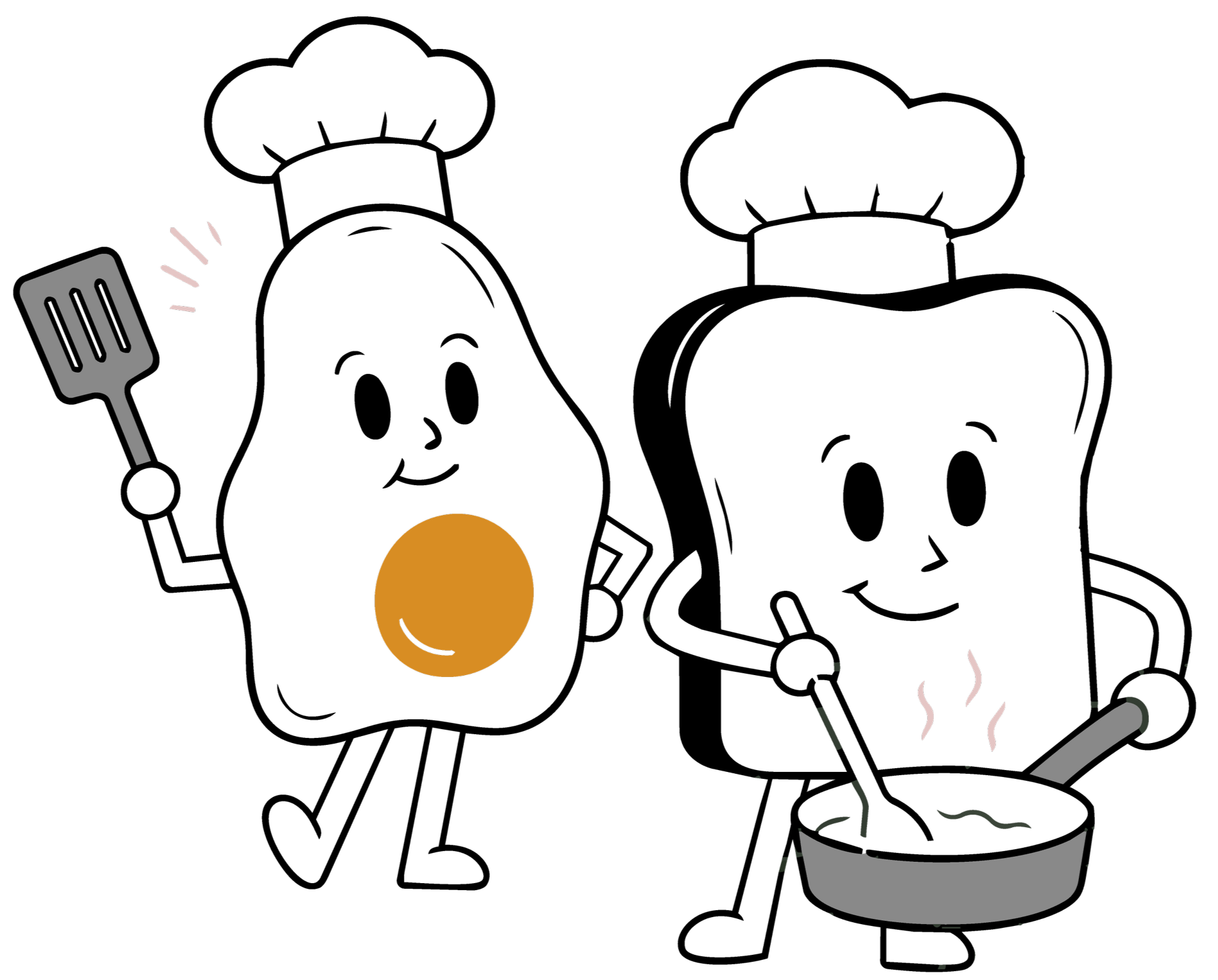 Illustration of a person enjoying a hot drink, sitting in a cozy setting with a steaming mug, a croissant, and a casual outfit, with whimsical elements like a spatula and lines representing warmth and happiness.