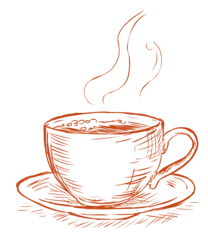 Drawing of a steaming cup of coffee on a saucer.