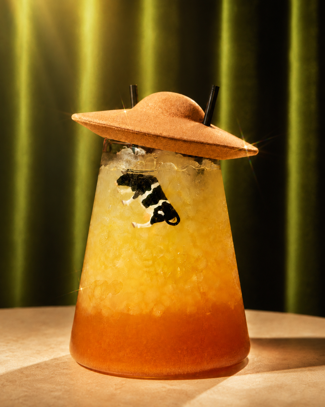A cocktail with floating cow and UFO