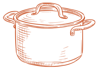 Illustration of a cooking pot with a lid and handles.