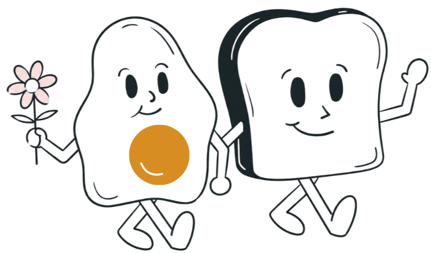 Cartoon bread characters with smiling faces, one holding a flower, walking together.