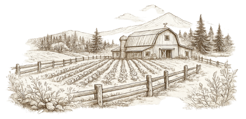 A sketch of a farm landscape with a barn, fenced fields, trees, and a mountain in the background.