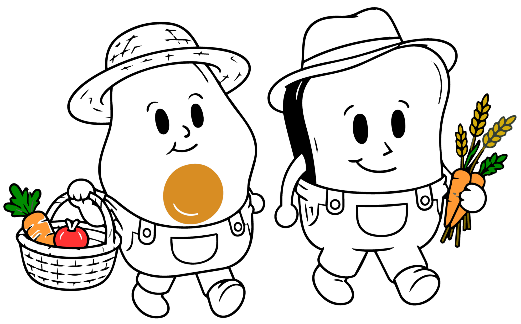 Simple drawing of a smiling face with various vegetables including carrots, radish, and a potato around it.