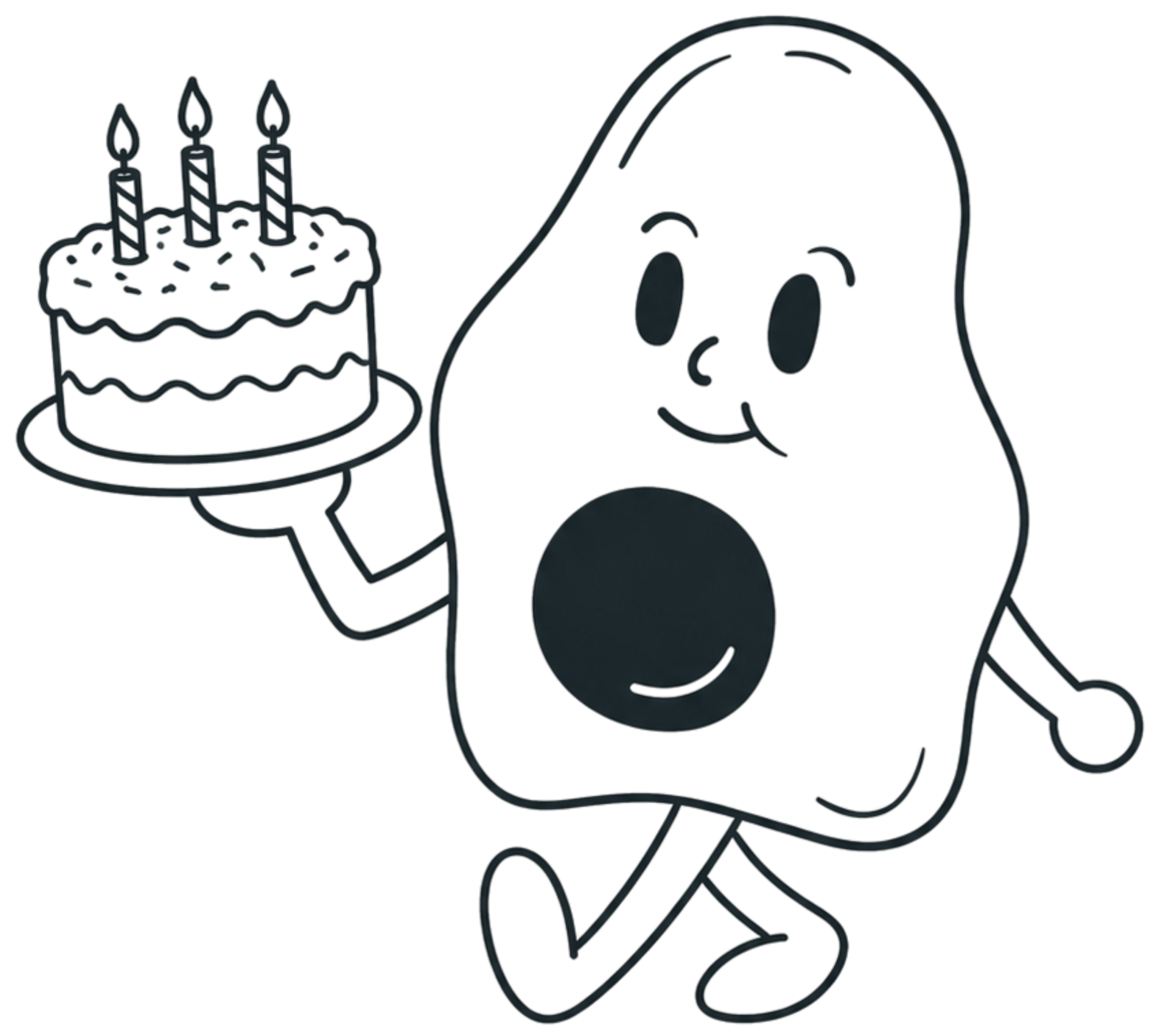 A simple line drawing of a cartoon egg holding a birthday cake with three lit candles.