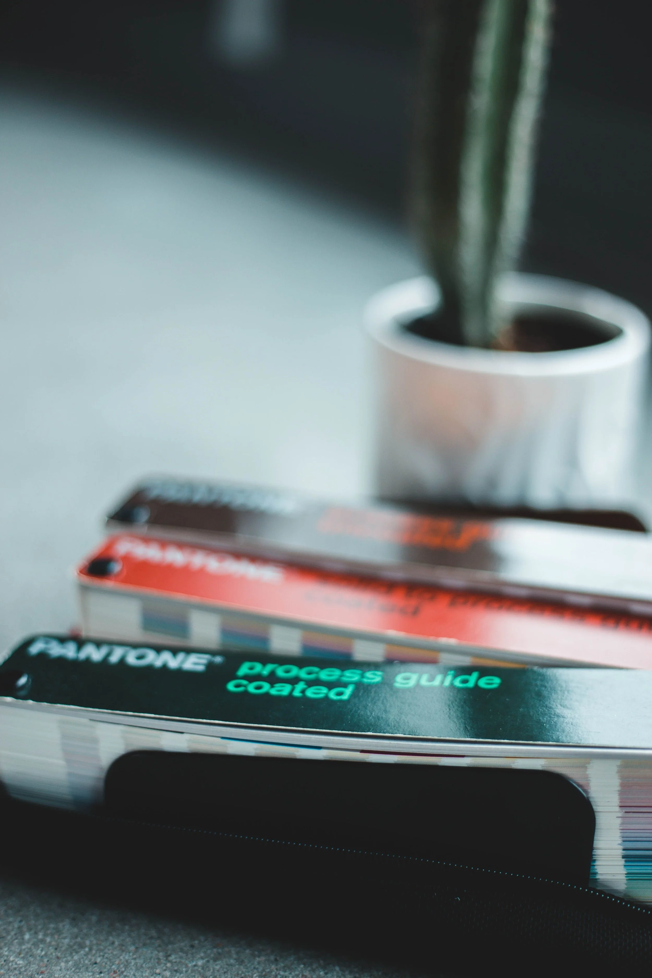 Close-up of a stack of books, with the top book titled 'Process Guide Coated' and the second book titled 'Pantone', with a blurred background showing a white cup with a plant.