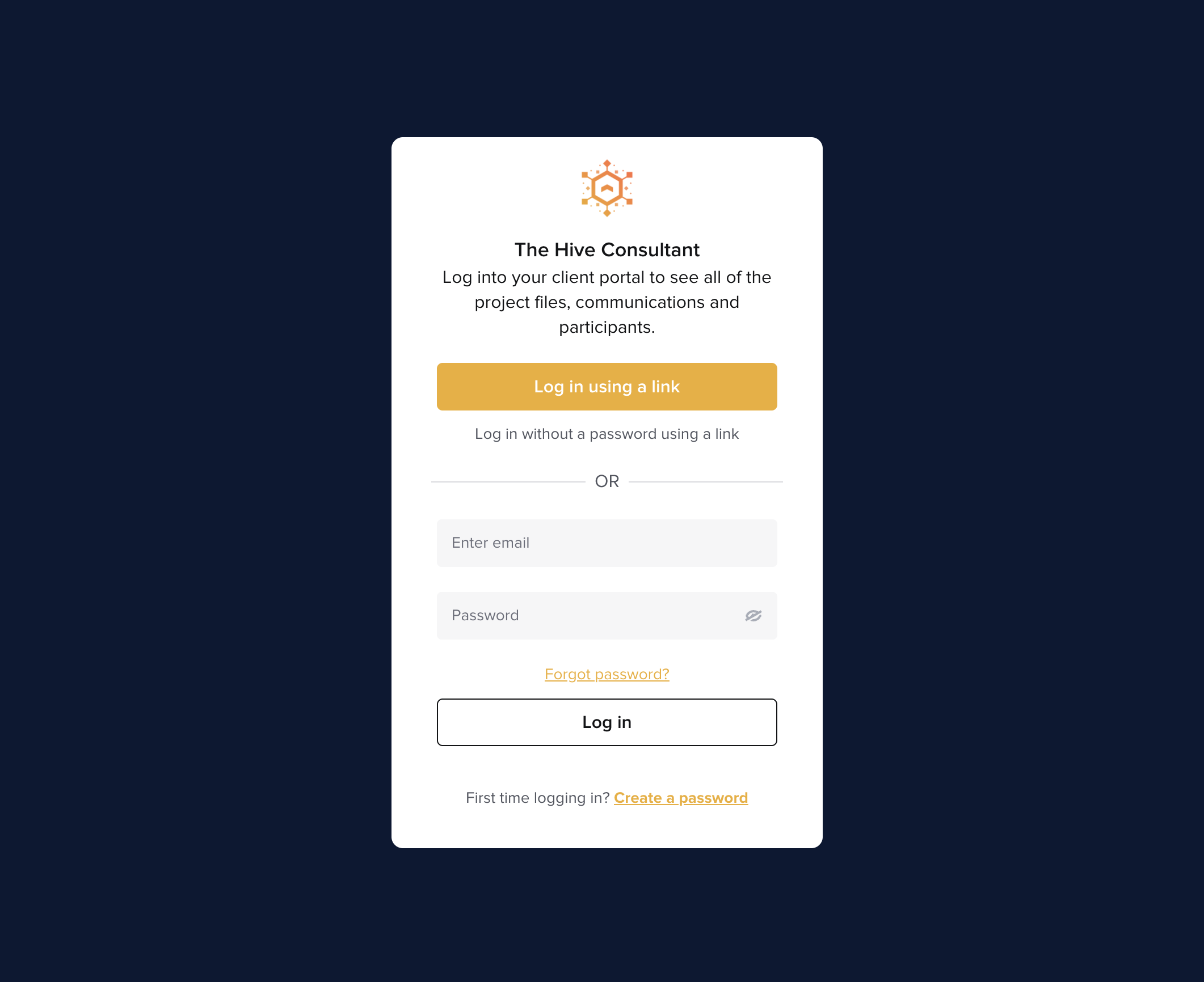 A login screen for The Hive Consultant with fields for email and password, a yellow login button, and links for creating a password and logging in with a link.