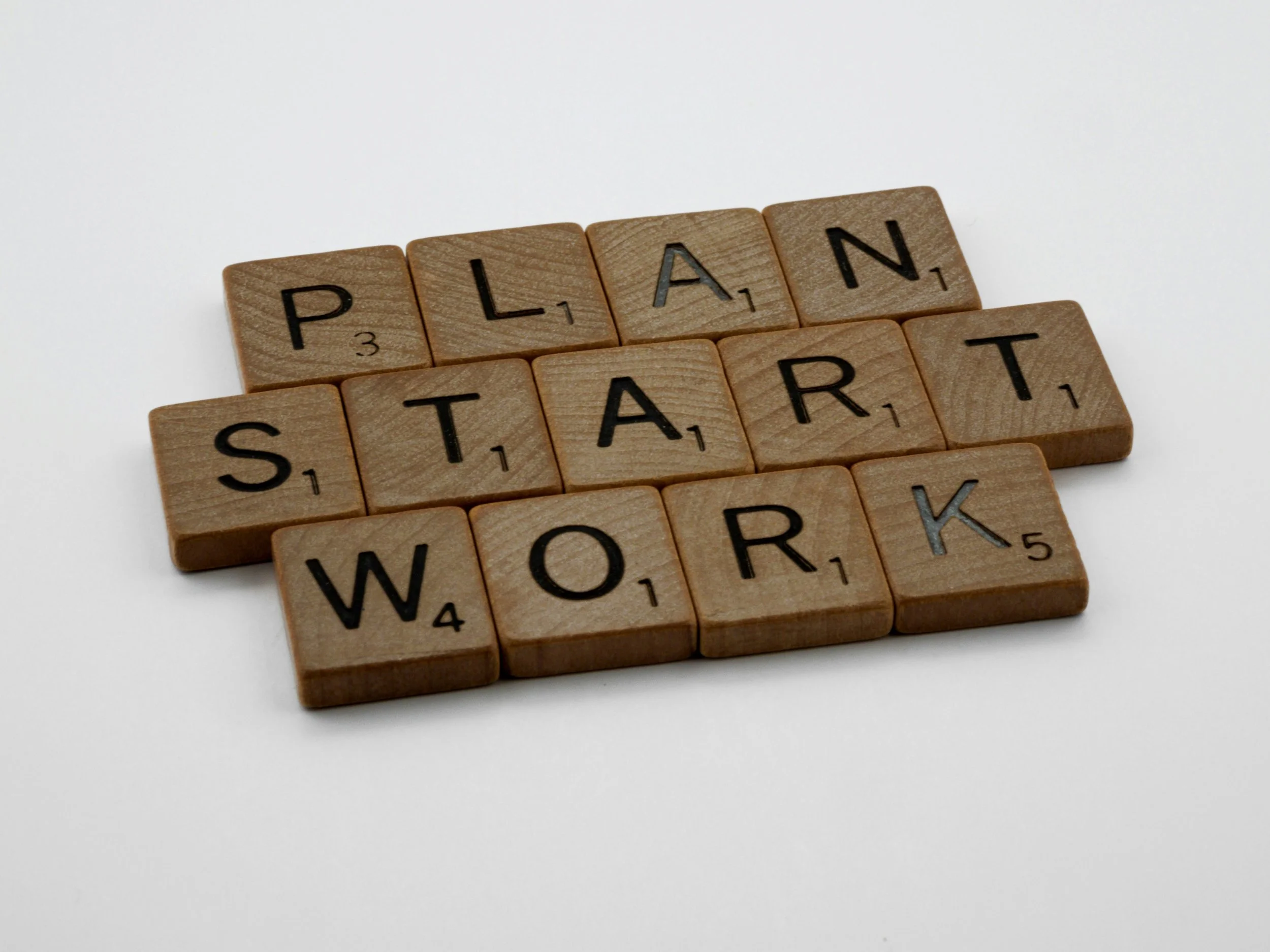 Scrabble tiles spelling "Plan Start Work," reflecting a focused approach to growth strategy
