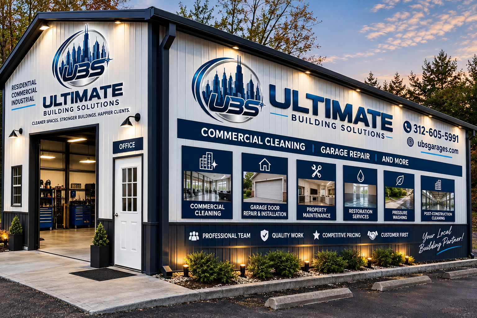 Exterior of a commercial cleaning business building called 'UBS Ultimate Building Solutions' with signage listing services such as commercial cleaning, garage repair, property maintenance, restoration services, pressure washing, and post-construction cleaning. The building has a modern design with accent lighting and small shrubs in front.