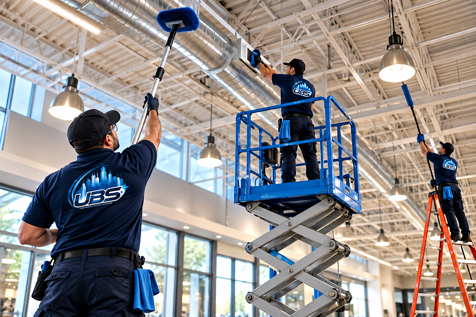 Three workers cleaning ceiling vents with long-handled tools in a spacious commercial building with large windows and industrial lighting.