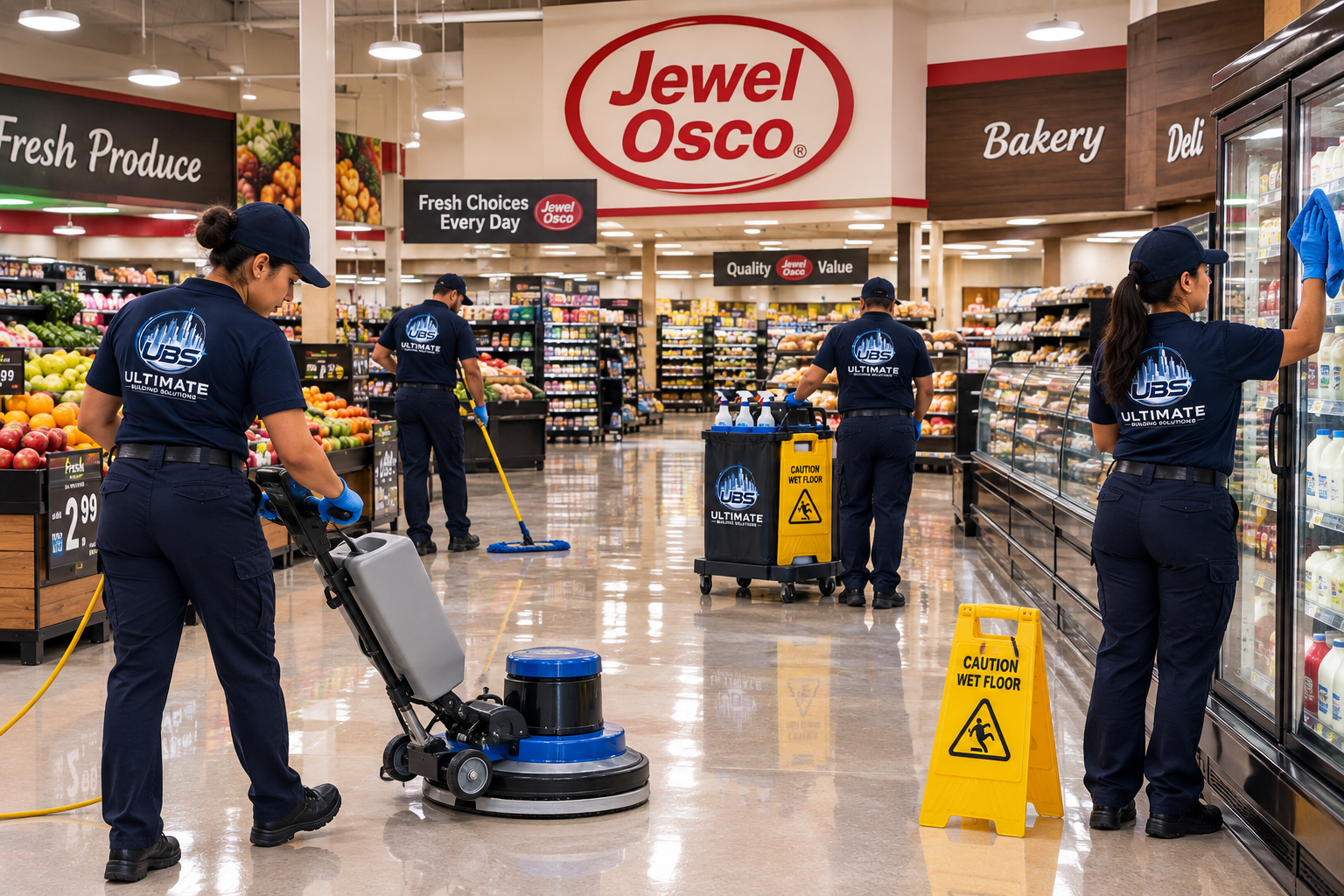 Four janitorial staff members cleaning the floors and shelves of a Jewel-Osco grocery store. They are wearing navy blue uniforms, masks, and gloves. One is using a floor scrubber, another is mopping, and two are cleaning shelves and refrigerated units. Wet floor signs are displayed.