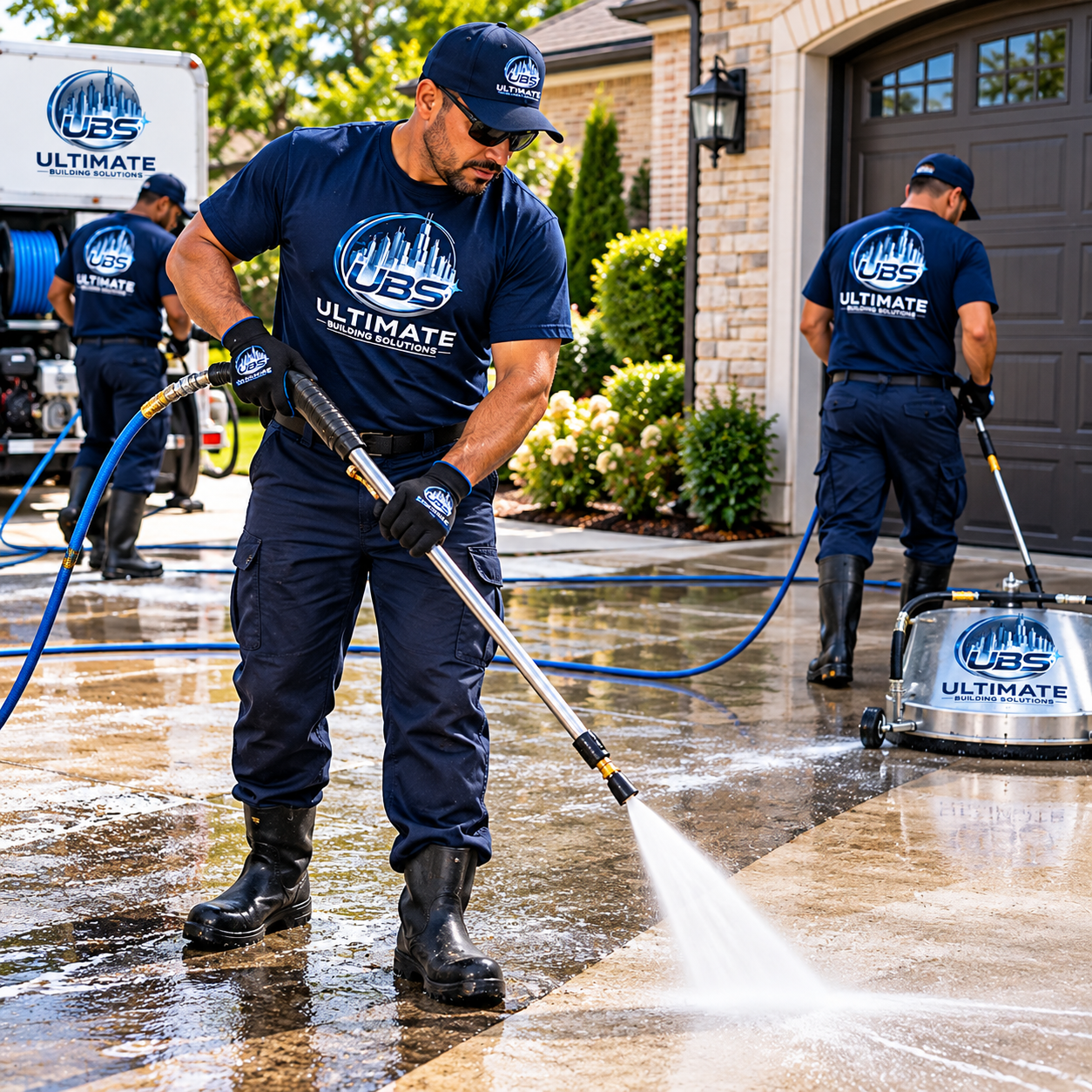 Workers in uniform Chicago cleaning a residential driveway with pressure washers, labeled 'UBS Ultimate Building Solutions', in front of a house.
