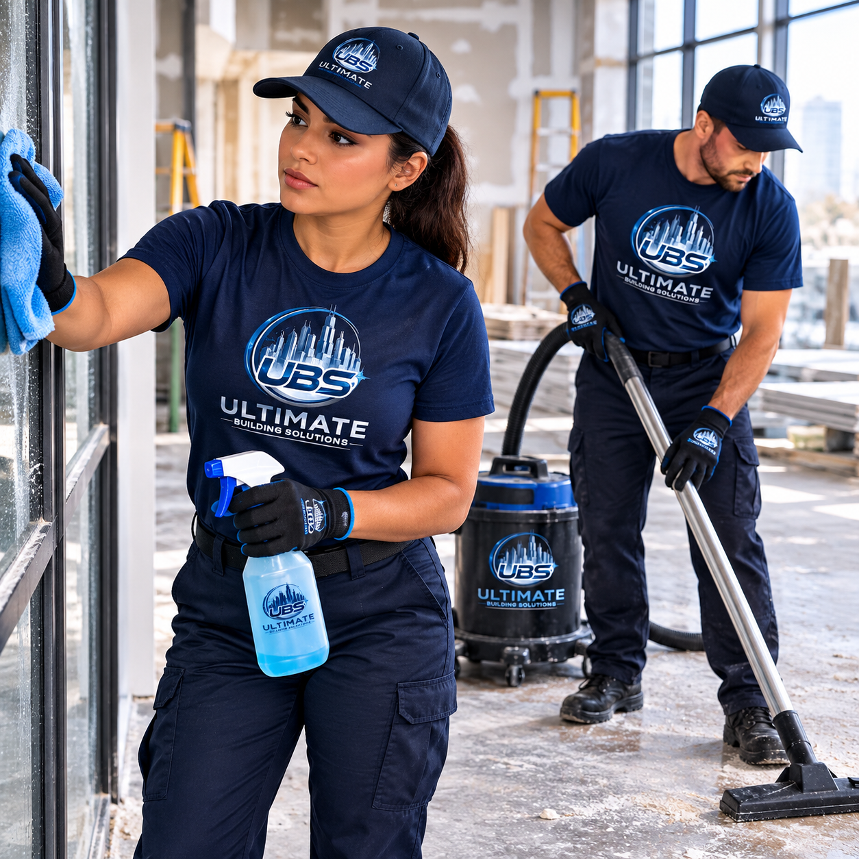 Two workers in navy blue uniforms with 'UBS Ultimate Building Solutions' logos cleaning and vacuuming a construction site