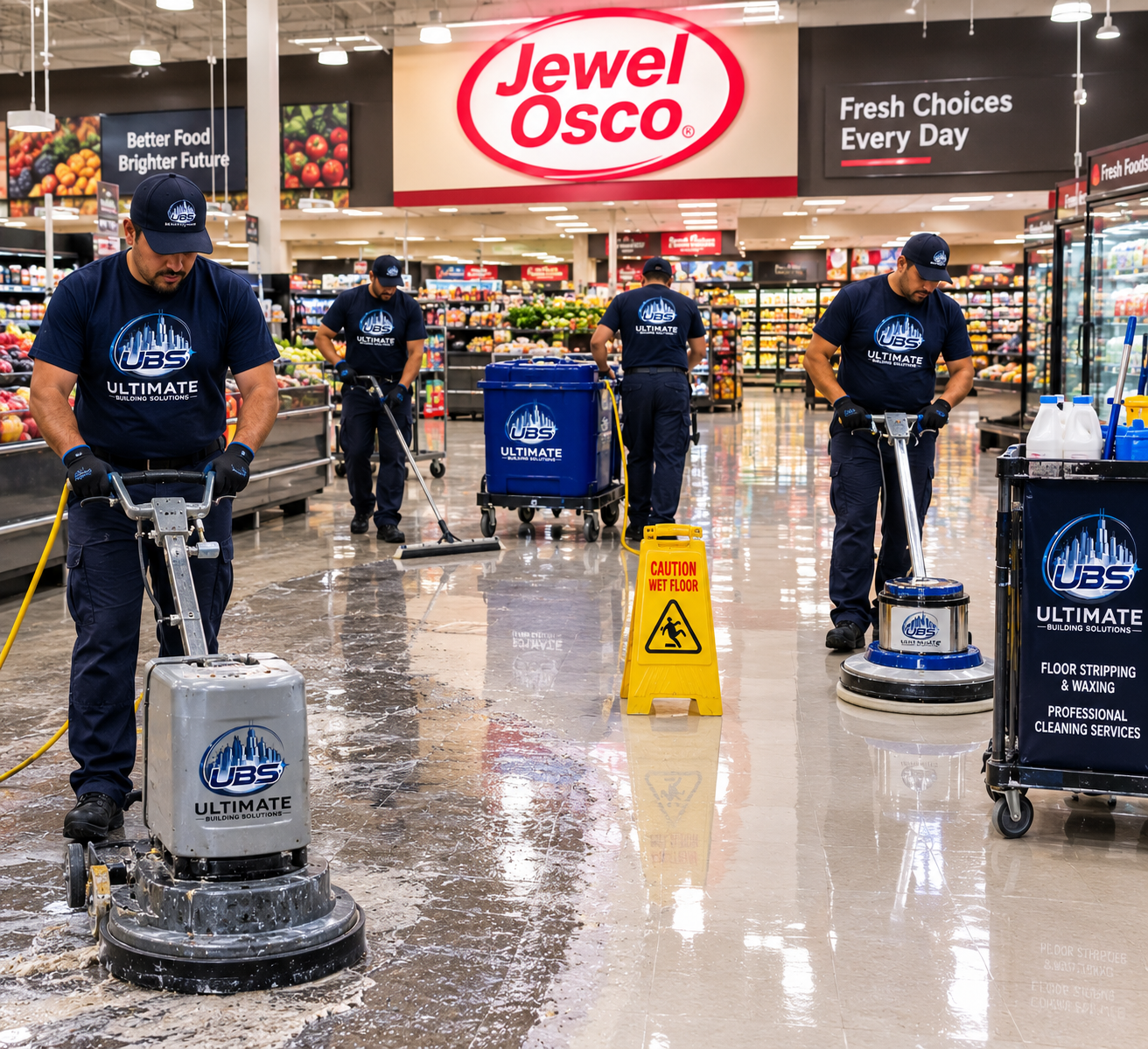 Cleaning staff working on wet floor in a grocery store aisle, with machines and caution sign, under signs that say 'Jewel Osco' and 'Fresh Choices Every Day'.