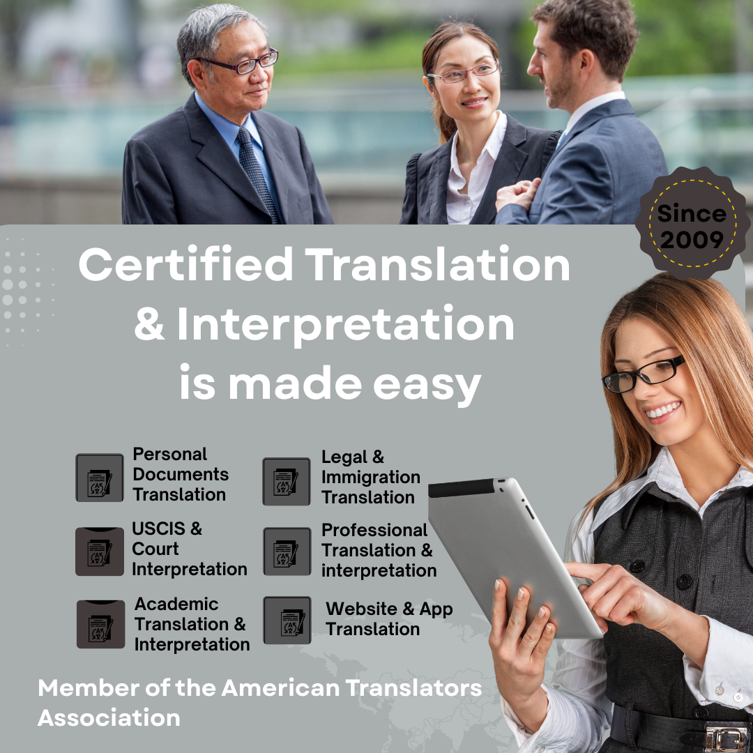 A promotional graphic for a translation service featuring a woman with glasses using a tablet and a group of professionals in conversation in the background. Text highlights that certified translation and interpretation services are made easy since 2009, with various types of translation services listed.