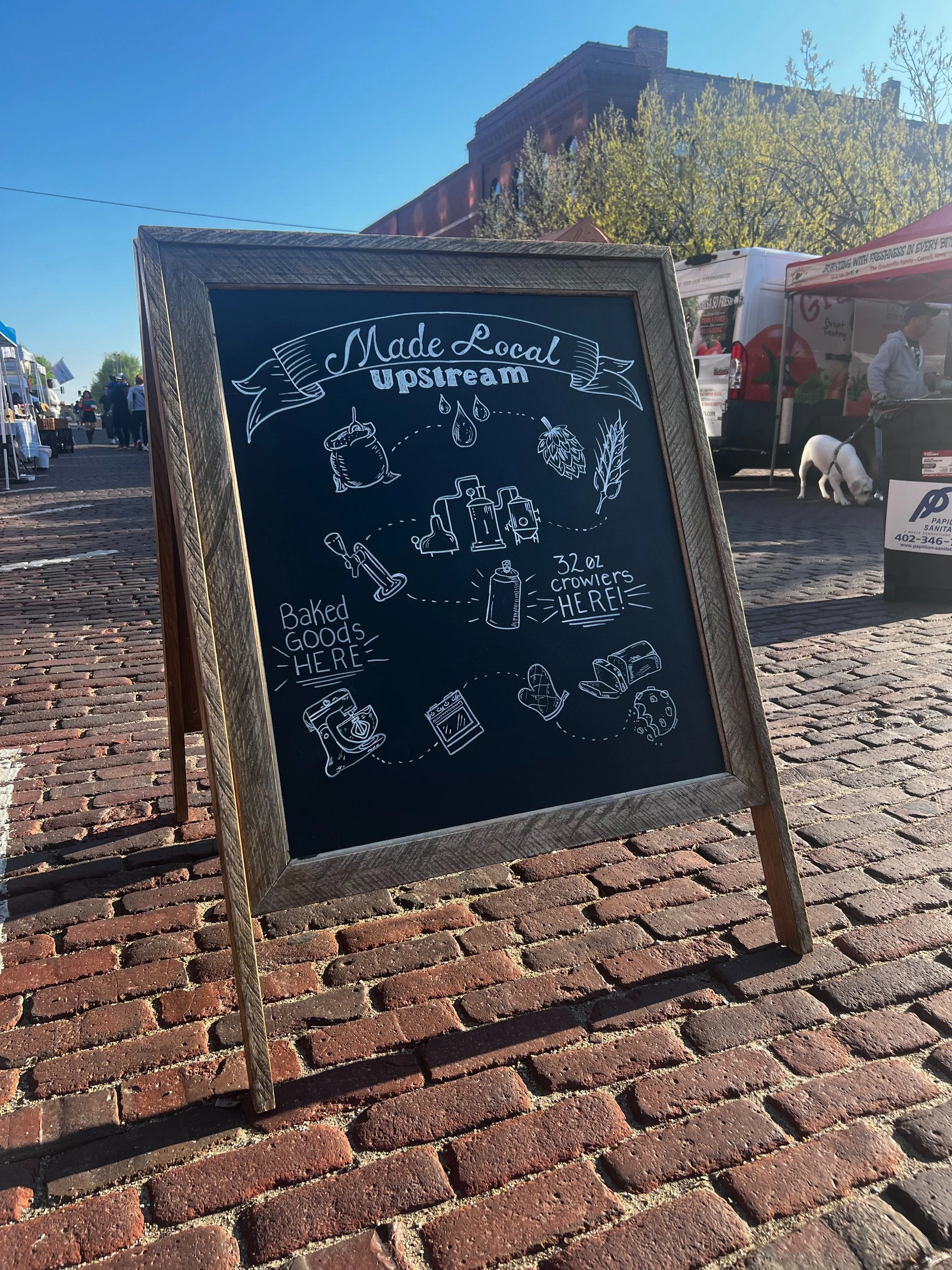 Chalkboard sitting on the cobblestone street at the top is a banner sketch that says Made local. A drawing of the process of making a beer. From the wheat to the hops to drawings of science materials to the beer. At the bottom says baked goods here w