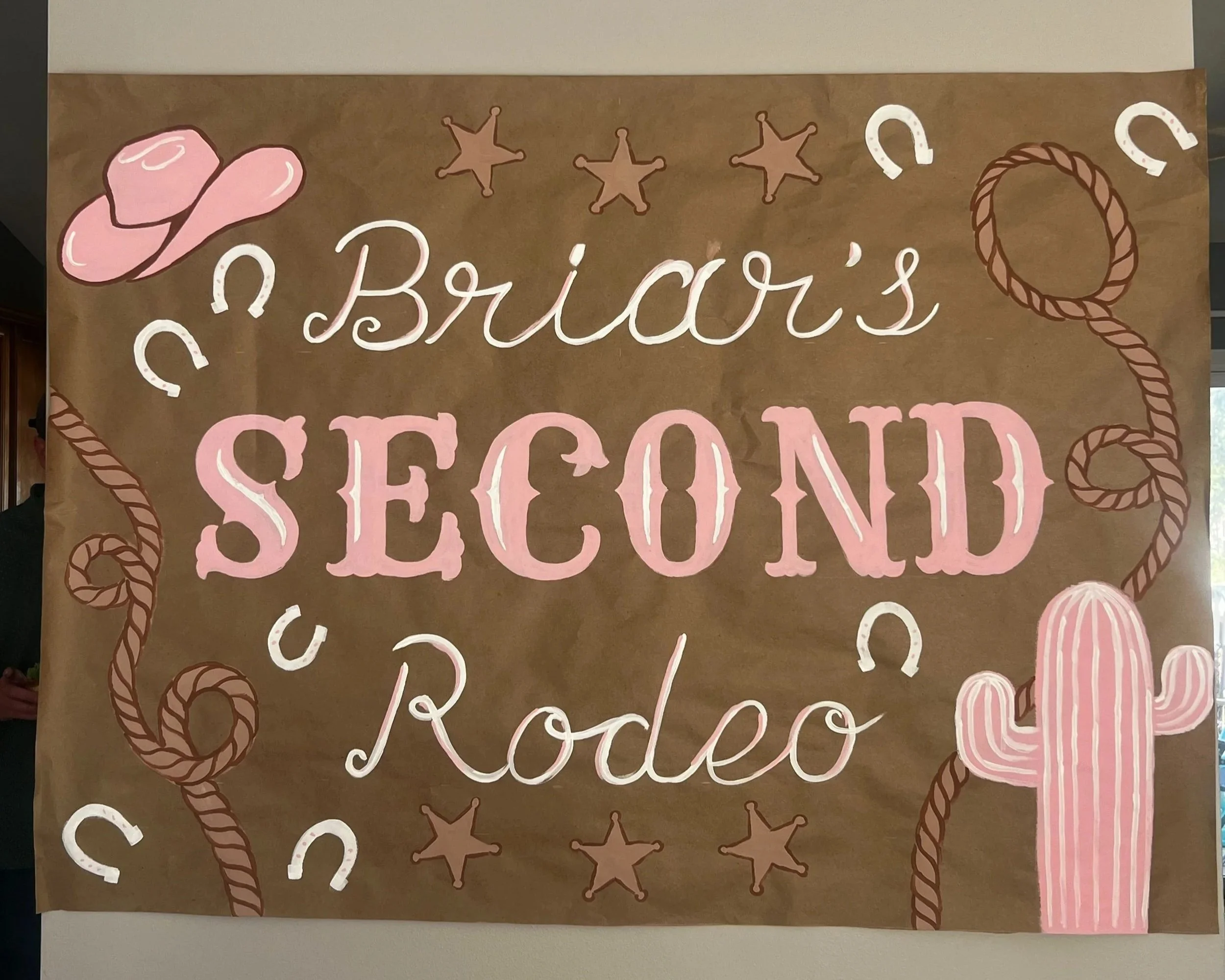 Banner that says Briar's Second Rodeo in pink and white with a cowgirl hat, a cactus sheriff stars and horseshoes.