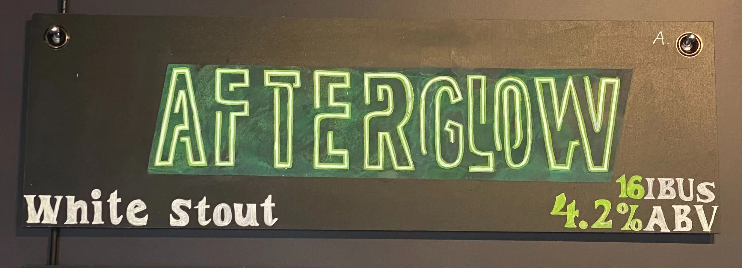 Neon chalk design that says AFTERGLOW in green. "White Stout" in white letters at the bottom.