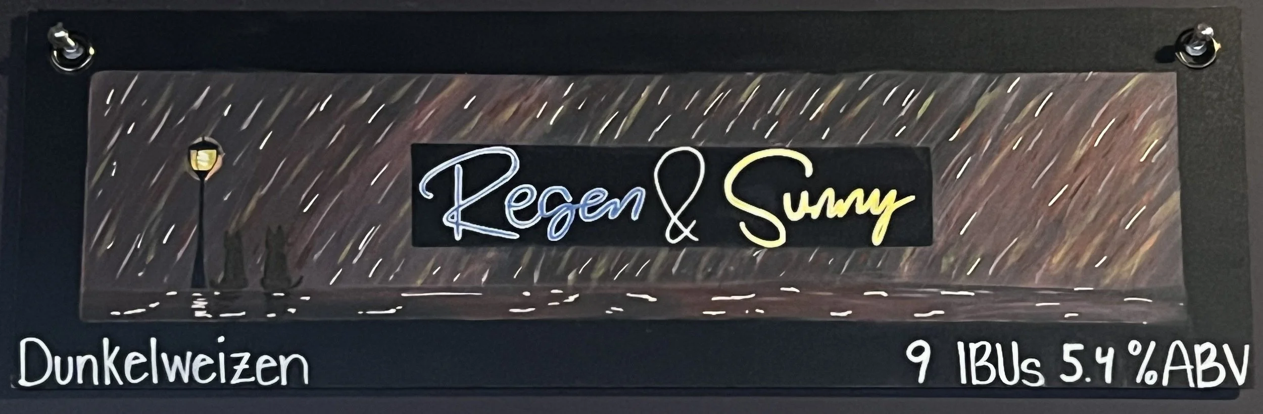 Chalk design of a drawing of two dogs in the rain sitting next to a street lamp. Says regen & sunny in blue and yellow in the middle.