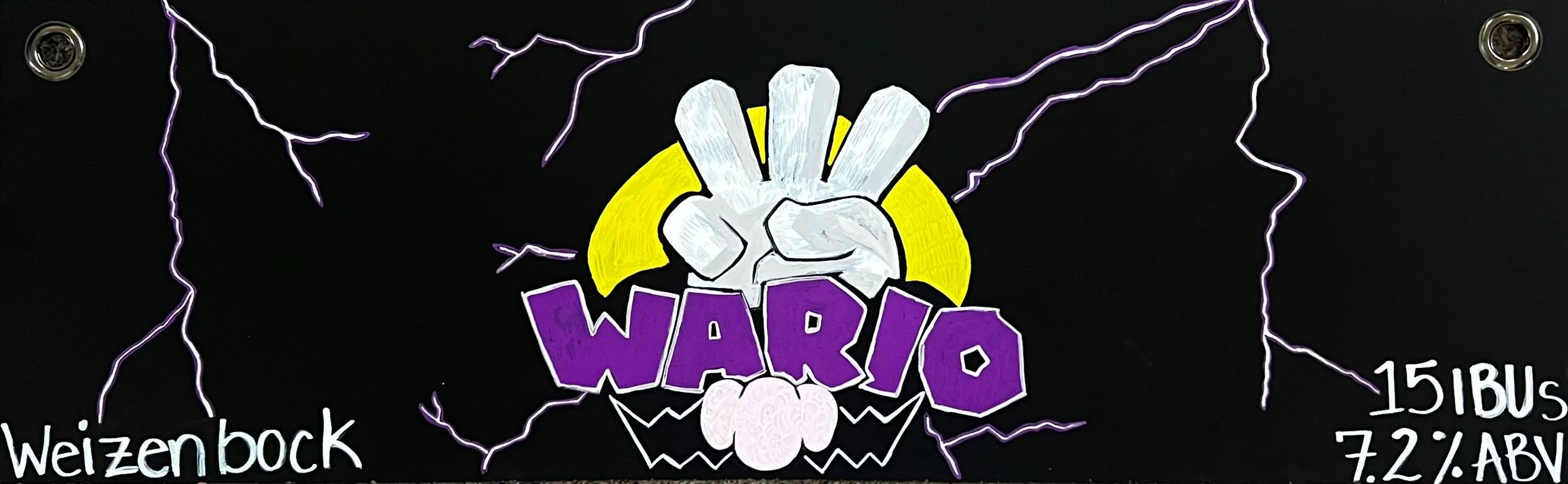 Chalk design. says Wario like the Nintendo character. A fun design of his hand holding the number three with his yellow hat behind and his nose below. Behind is lightning in purple and silver."Weizenbock" reads at the bottom.