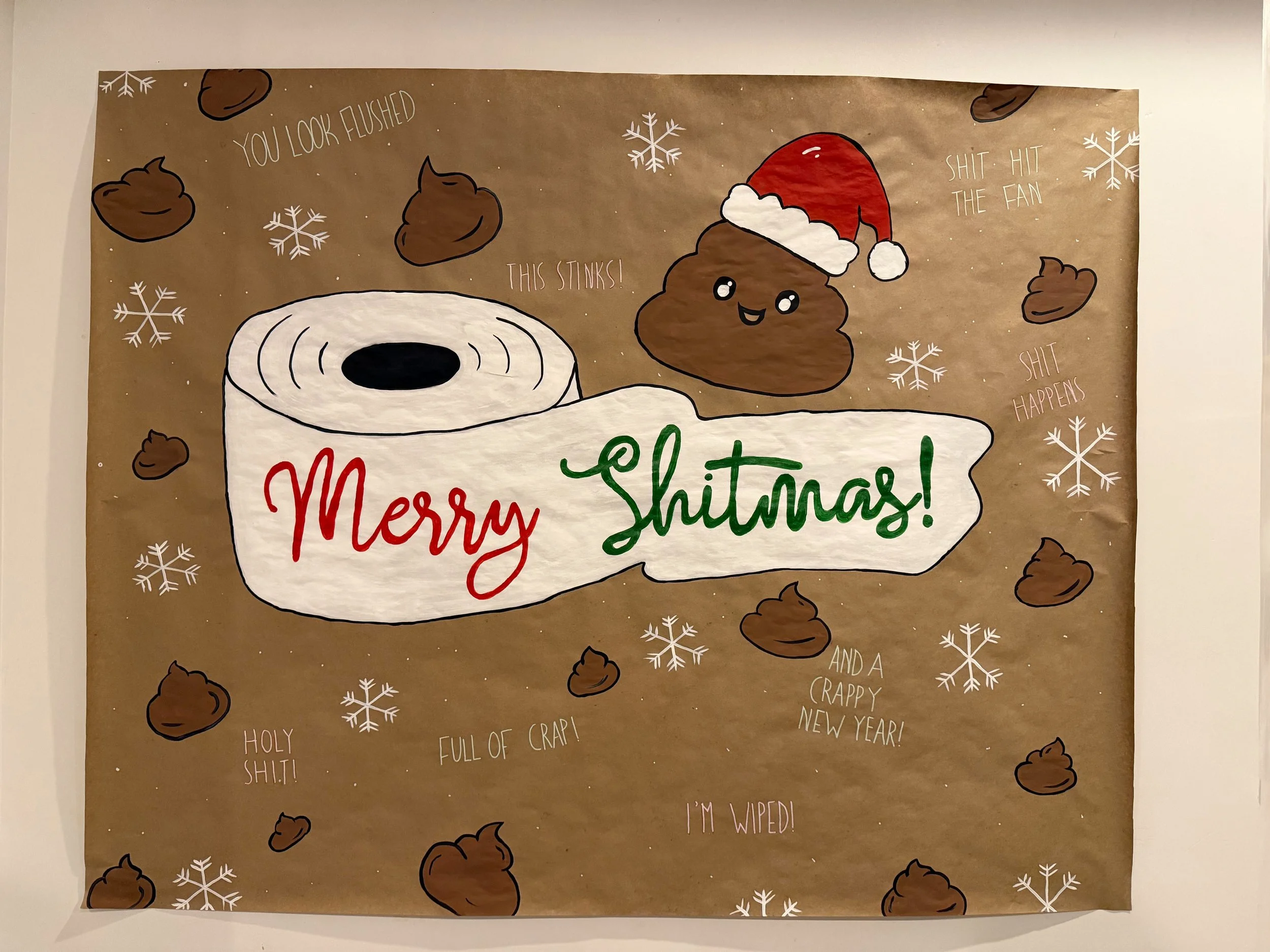 a funny banner that says Merry Shitmas! a toilet paper roll in the middle with a poop emoji wearing santas hat. little poop drawings all around the banner and snowflakes.