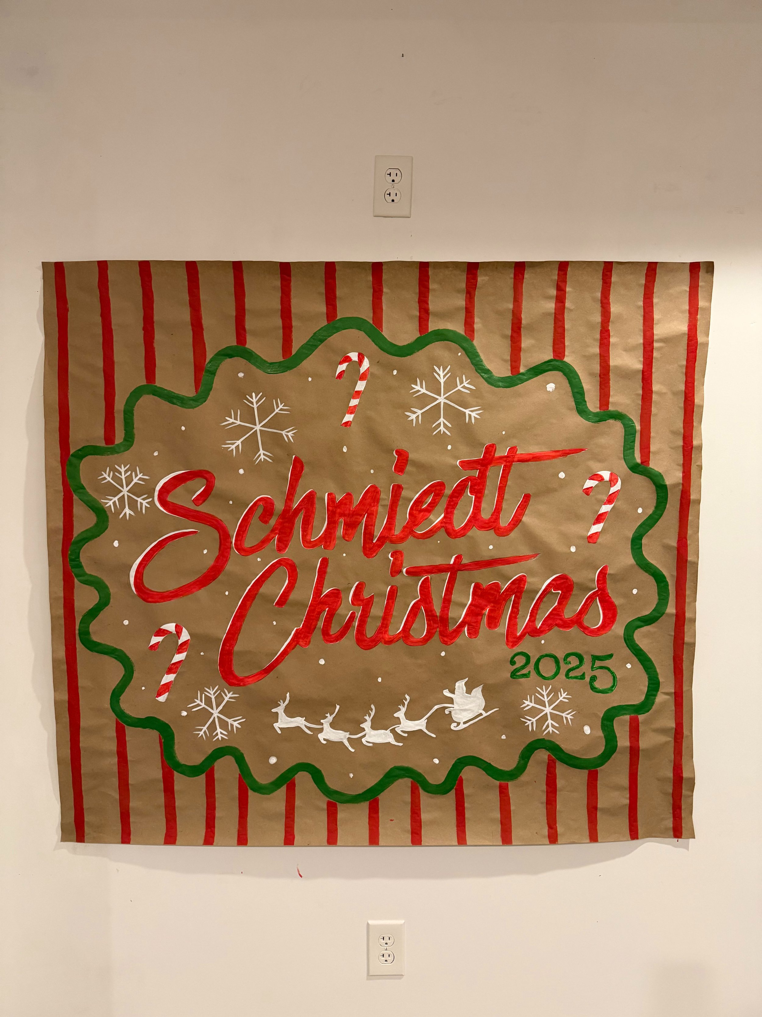 banner that says Schmiedt Christmas 2025  in a wavy green circle with red stripes behind it. with snowflakes, candy canes, and Santa's sleigh with reindeer flying at the bottom.