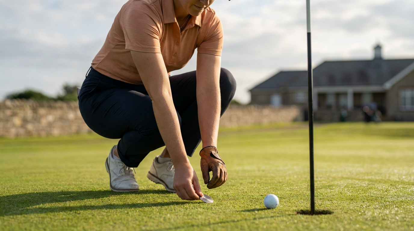 Person crouching on a golf course, placing a golf ball near the hole with a flagstick in the background.