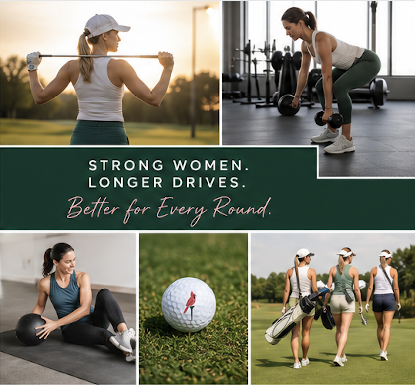Collage of women engaging in sports and fitness activities, including golf, weightlifting, and yoga, with a motivational message about strong women and dedication.