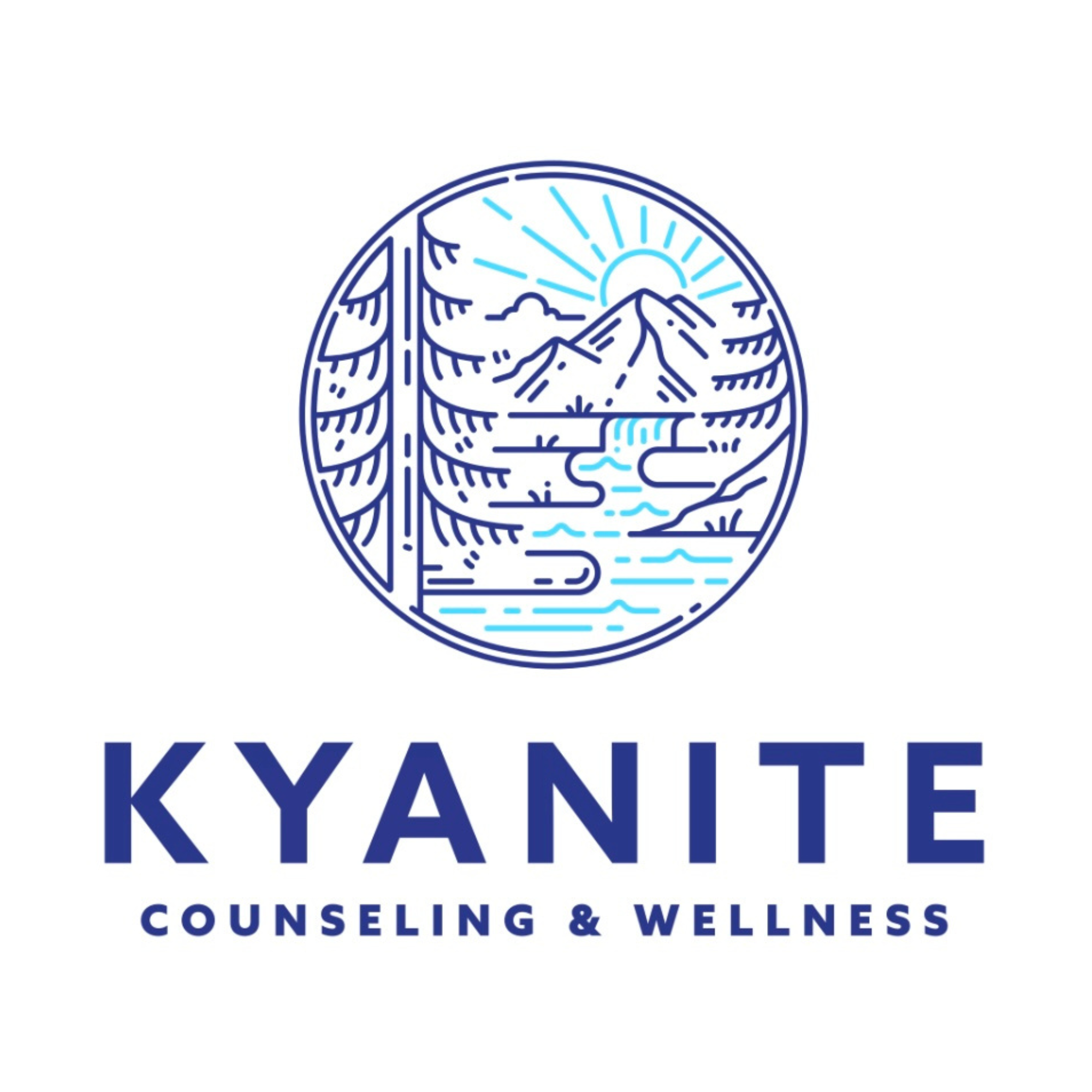 Logo for Kyante Counseling & Wellness with a circular design featuring a mountain landscape, sun, water, and trees.
