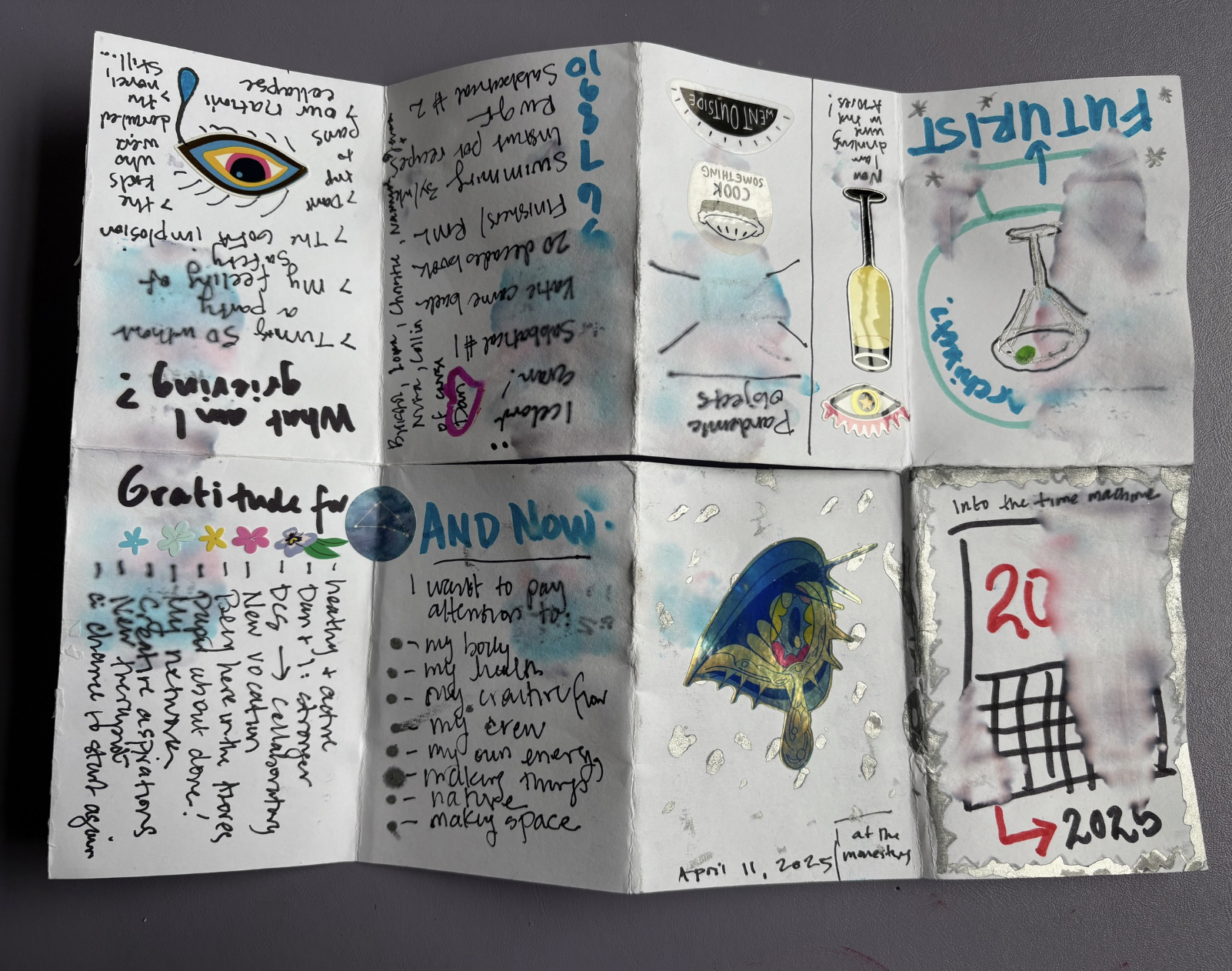 A colorful folded journal or diary with handwritten notes, doodles, and illustrations. Features include a large eye drawing, a rainbow-colored cartoon whale, a calendar date marked as 2025, and various decorative stickers like flowers and planets. Th