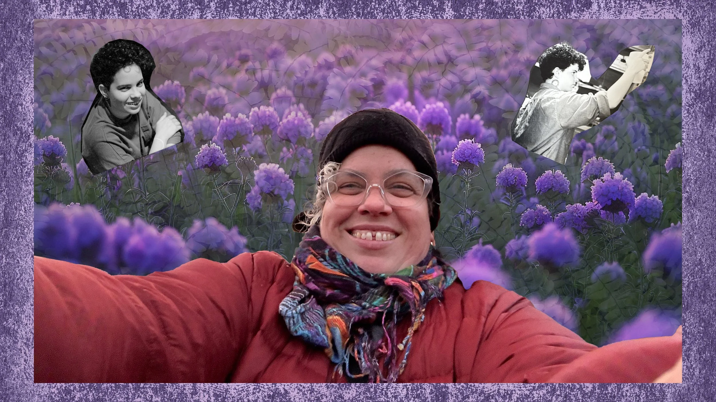 A woman wearing glasses, a scarf, and a red jacket taking a selfie in a field of purple flowers with two black and white cutout images of women superimposed on the background.