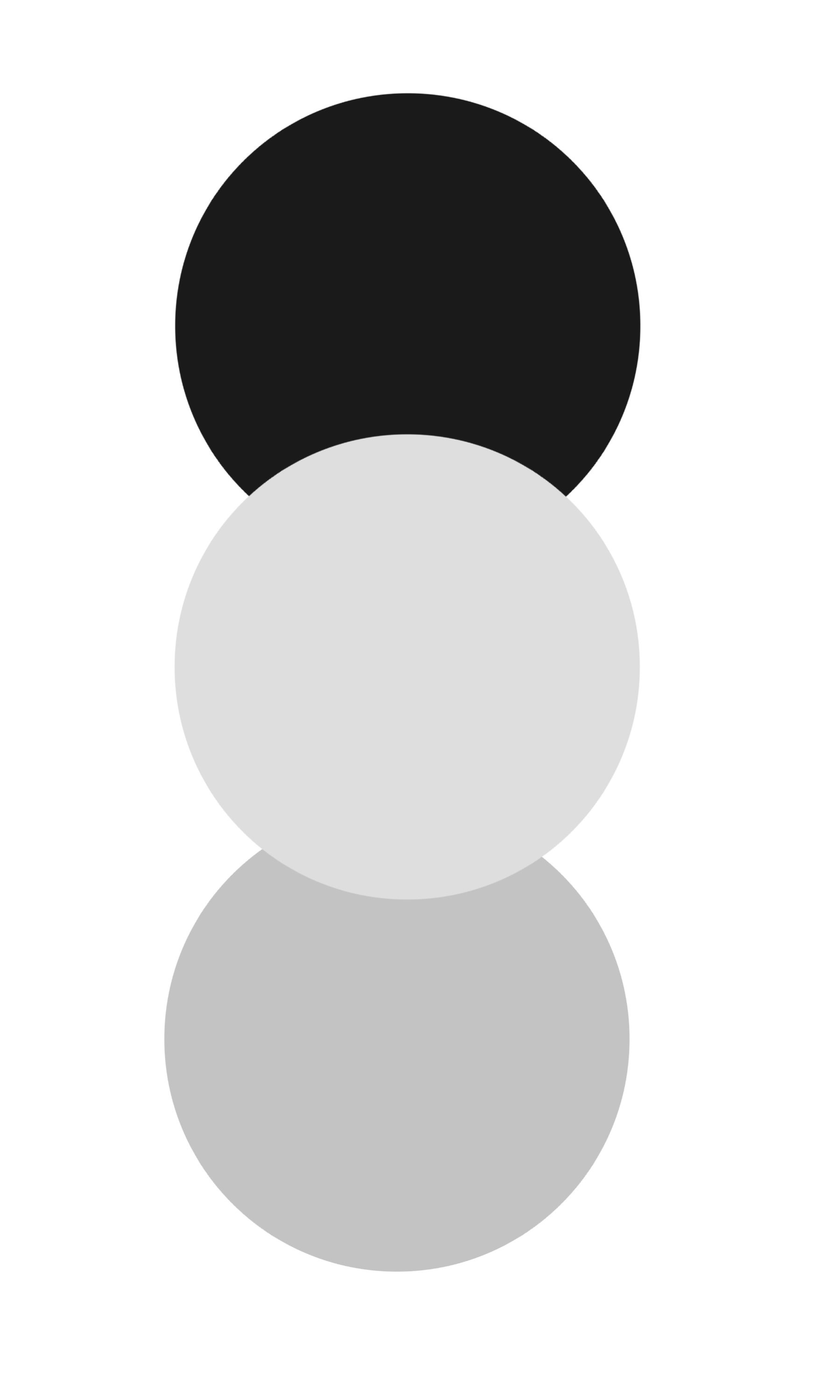 A grayscale photograph of three circles aligned vertically, with a black circle at the top, a medium gray circle in the middle, and a light gray circle at the bottom, all on a black background.