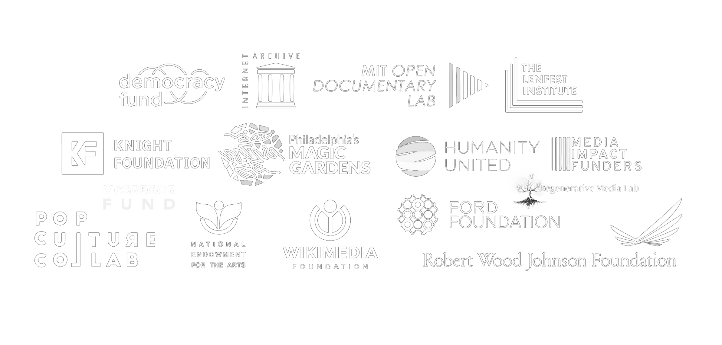 A collection of logos from various organizations and foundations, including Democracy Fund, MIT Open Documentary Lab, Knight Foundation, Philadelphia's Magic Gardens, Humanity United, Media Impact Funders, Pop Culture Lab, National Endowment for the Arts, Wikimedia Foundation, Ford Foundation, Robert Wood Johnson Foundation, and others, arranged on a black background.