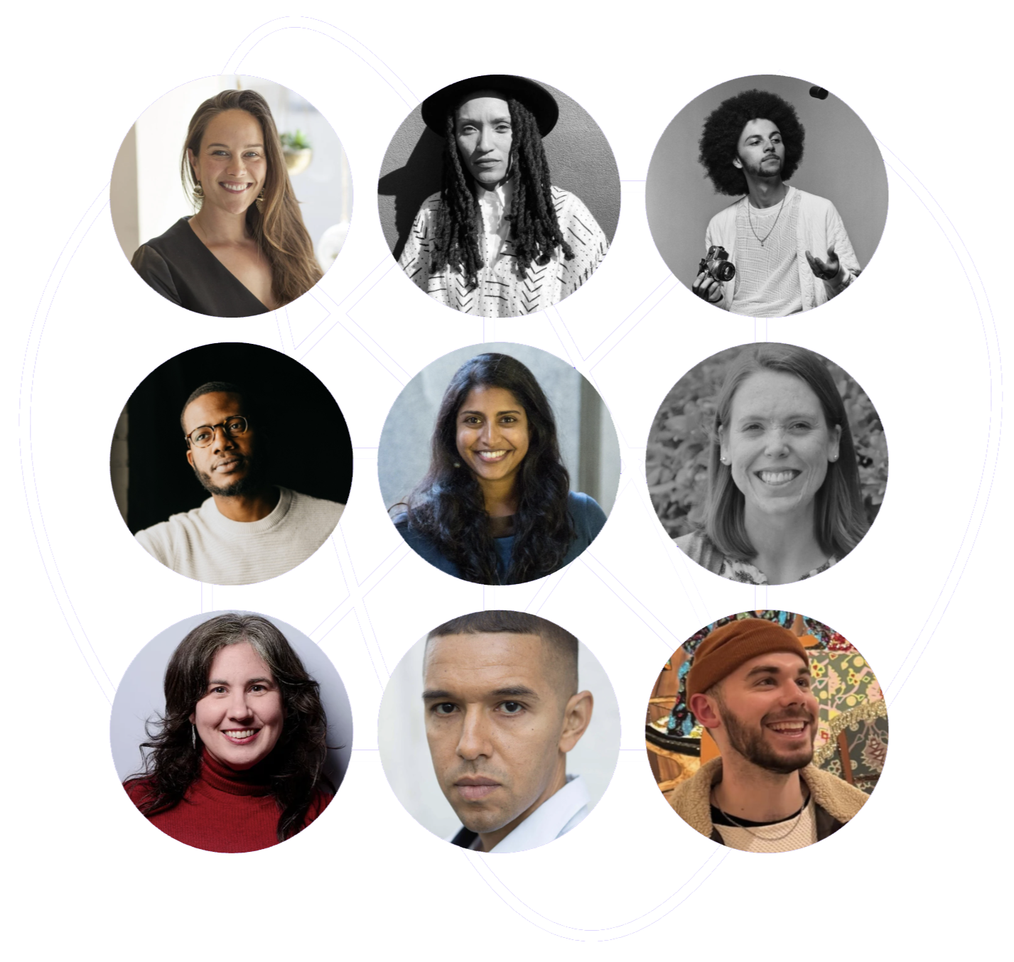 Collection of ten diverse portraits of men and women of various ethnicities, some in color and some in black and white, arranged in circular frames against a modern, colorful abstract background.