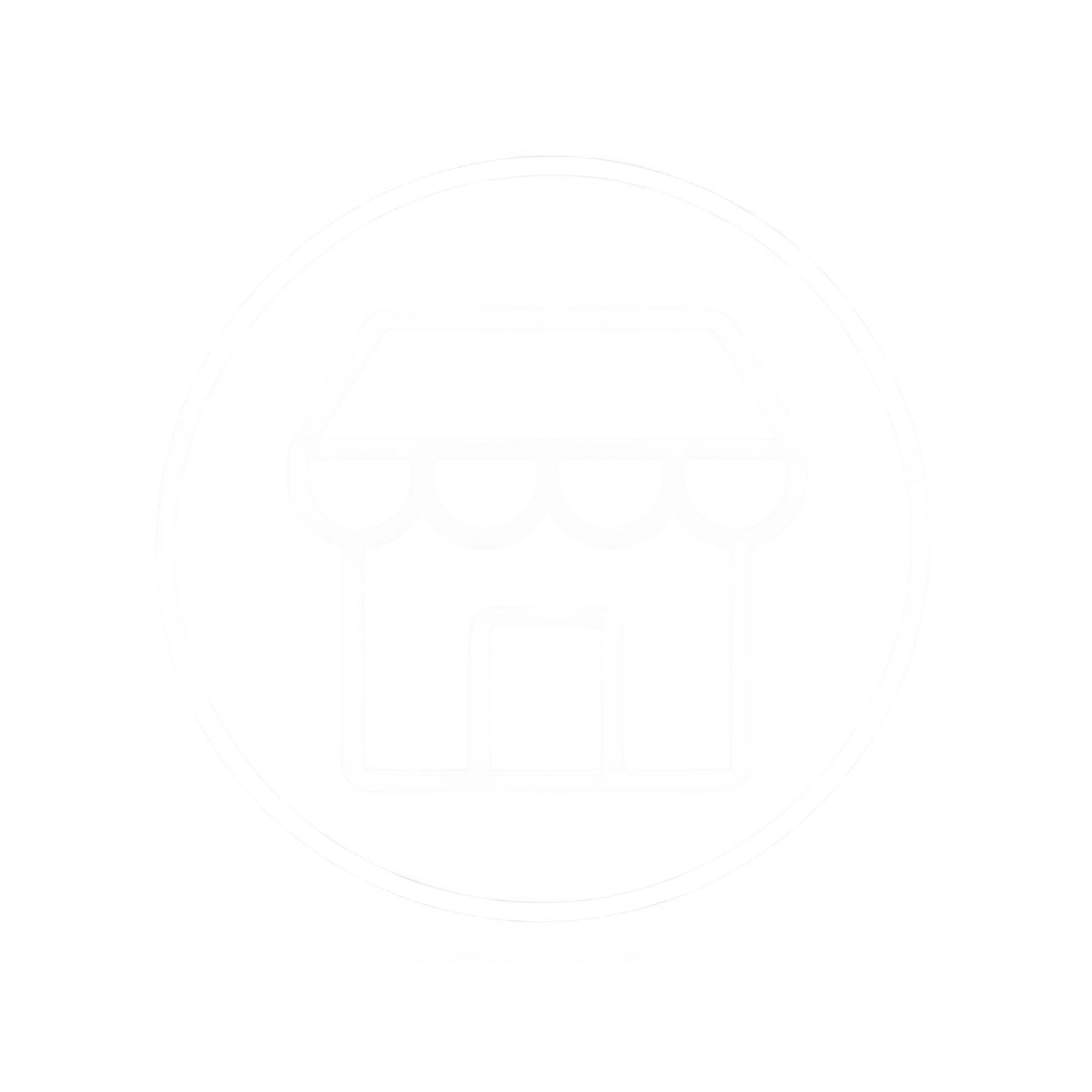 Black and white line drawing of a globe surrounded by a circular arrow with a house and trees inside