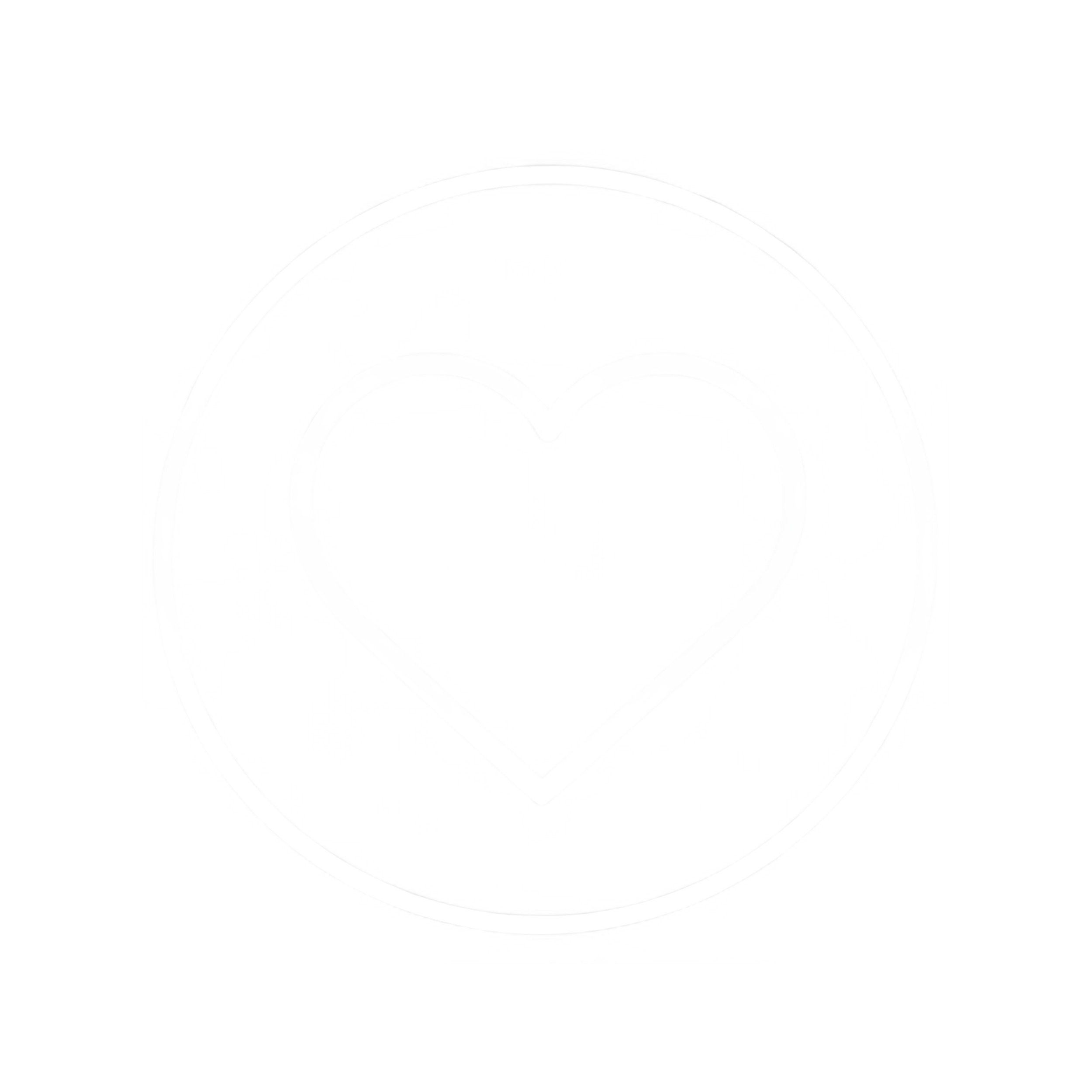 A white outline of a person with a heart in the chest area, encircled by concentric rings, set against a black background.