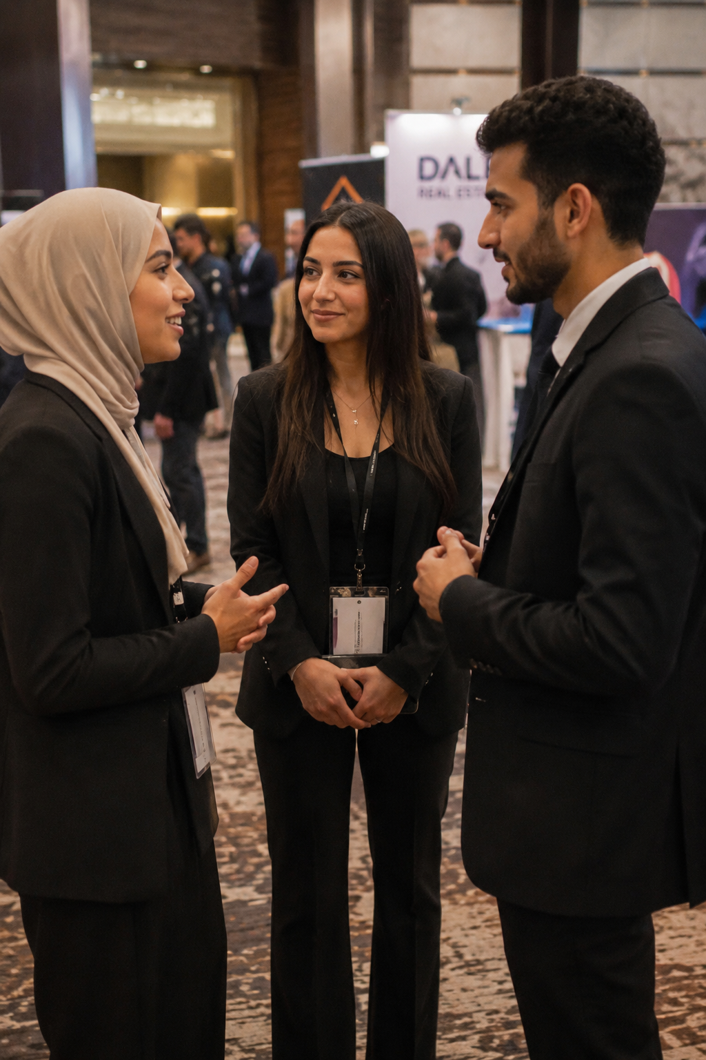 Three professionals in business attire conversing at a conference or networking event, with a blurred background of other attendees and exhibition booths. Egyptians in Dallas.