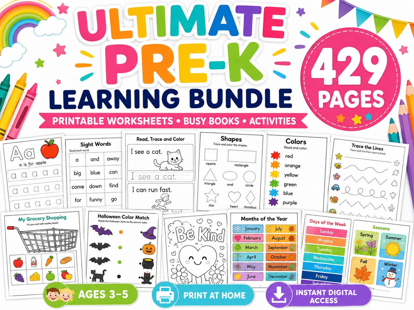 Preschool Pre-K Learning Bundle, 429 Printable Worksheets & Activities, Homeschool Preschool Curriculum