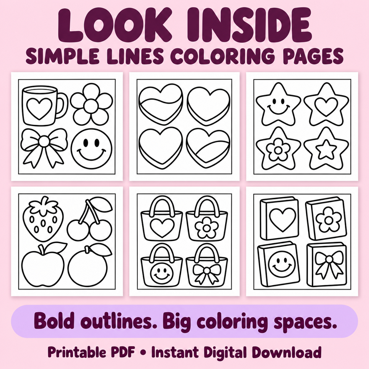 Look inside Simple Lines coloring pages: bold outline hearts, stars, fruit, tote bags and books with big coloring spaces