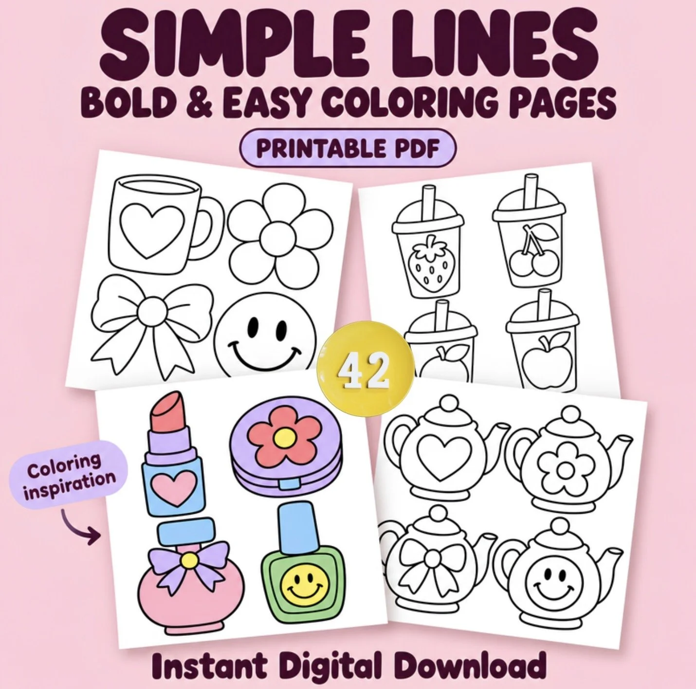 Simple Lines bold and easy printable coloring pages PDF with 42 cute designs: mugs, boba drinks, makeup and teapots