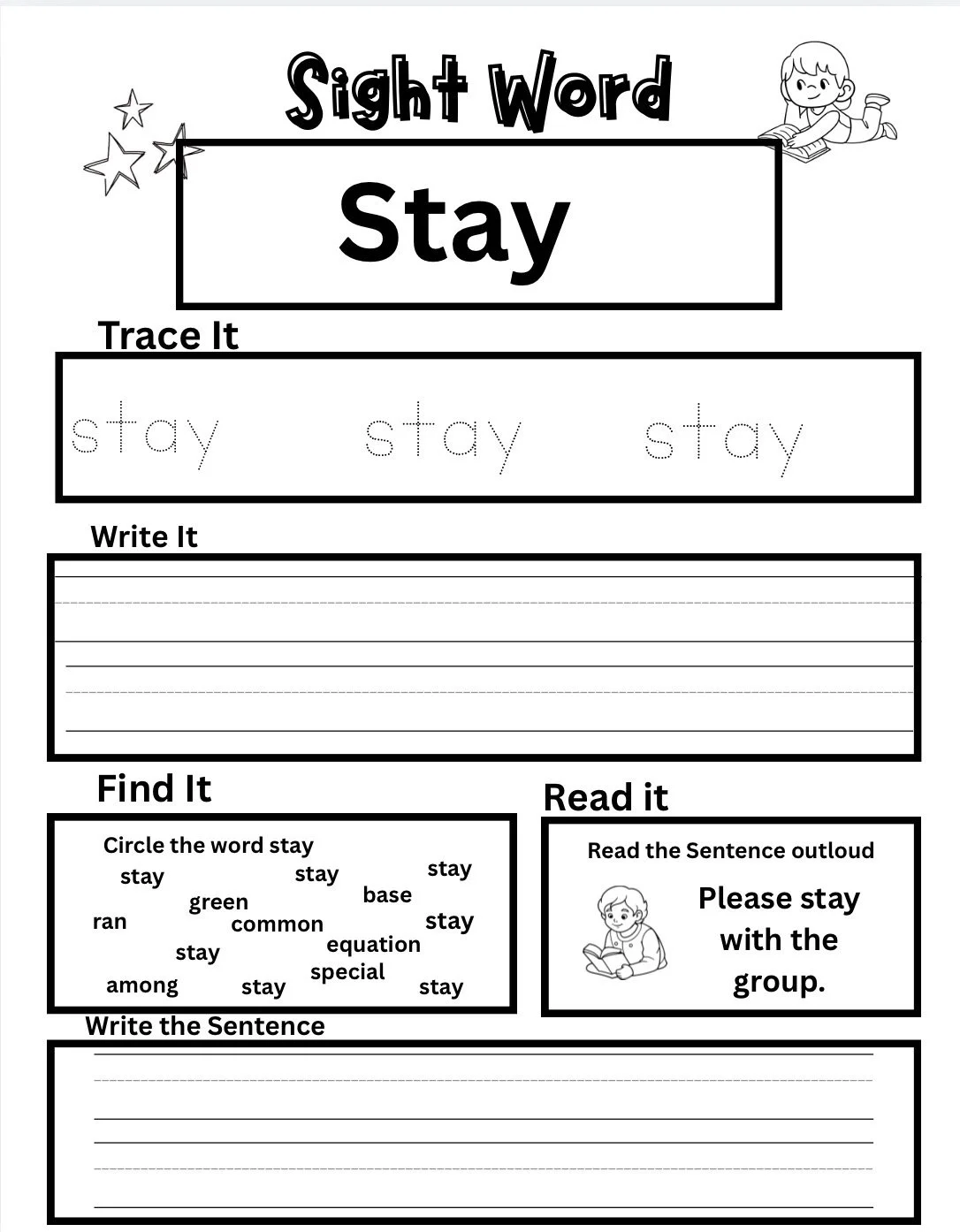 Sample sight word tracing and writing practice page from the 500 Fry sight words worksheet bundle