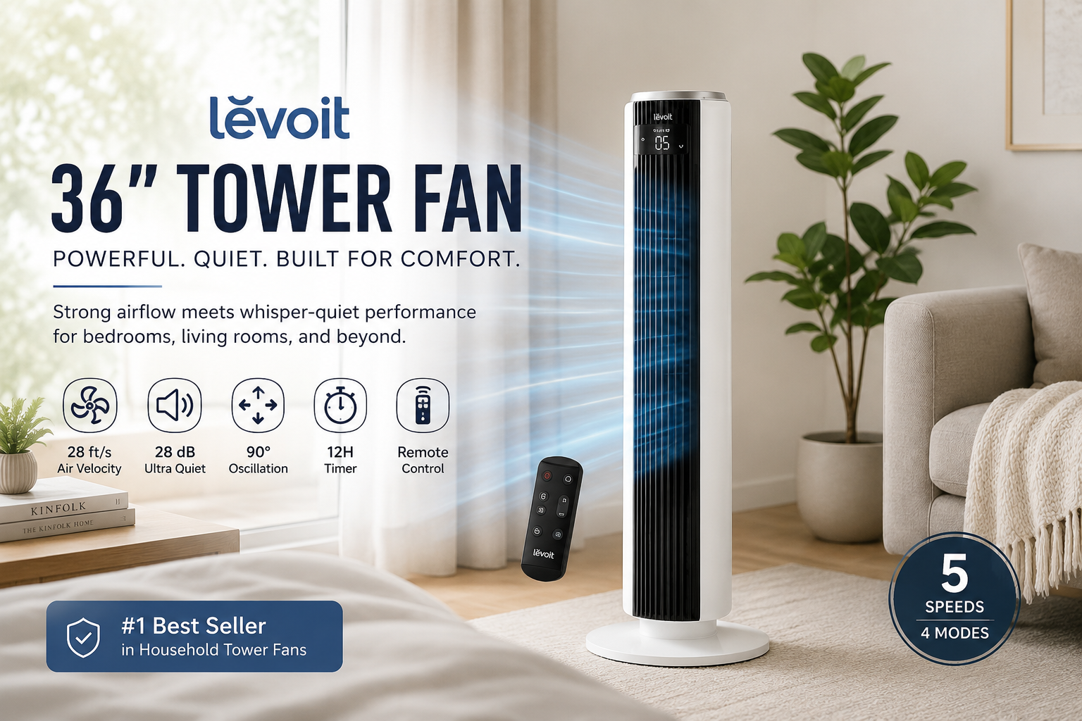 White Levoit 36-inch tower fan in a bright modern living room with a beige sofa, wood coffee table, cozy decor, and large window, providing quiet cooling for home comfort.