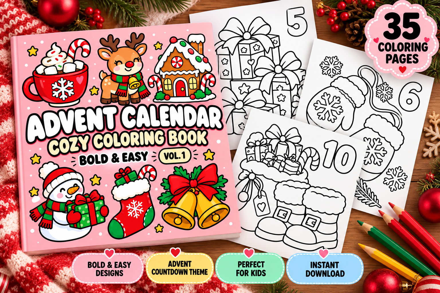 Advent Calendar Cozy Coloring Book Vol 1 cover — pink Christmas coloring book with cocoa mug, reindeer, and gingerbread house illustrations, 35 coloring pages