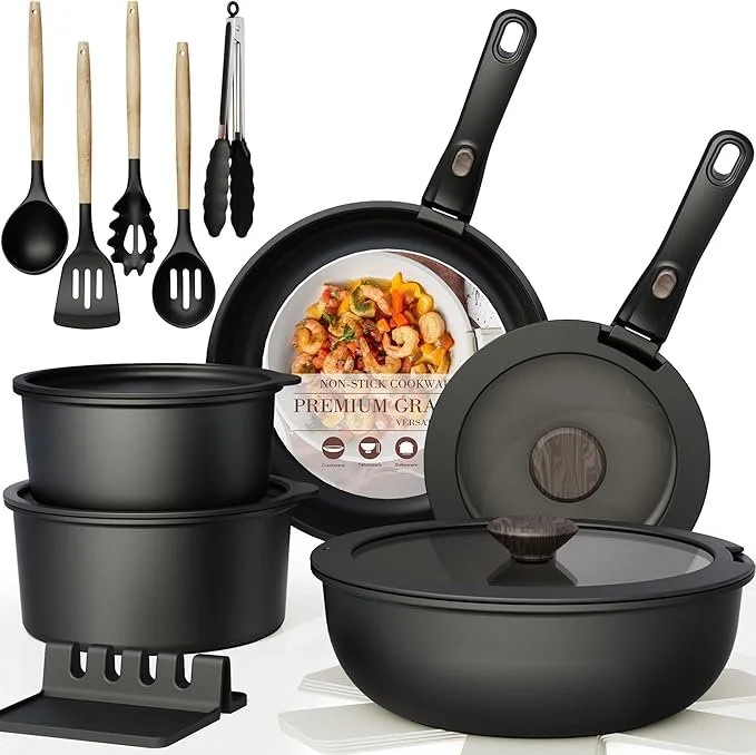 pots and pans with detachable handles and cooking utensils