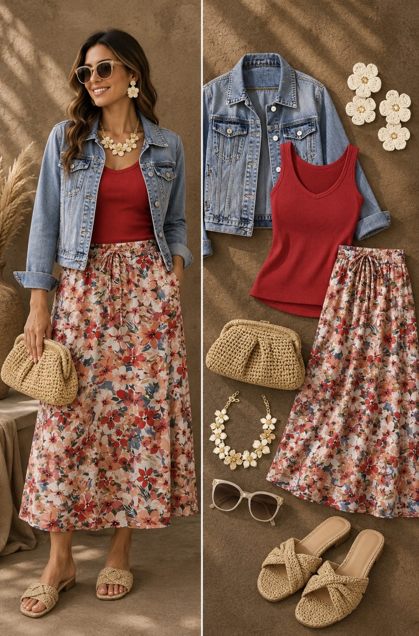 long maxi skirt tank top and denim jacket teacher outfit