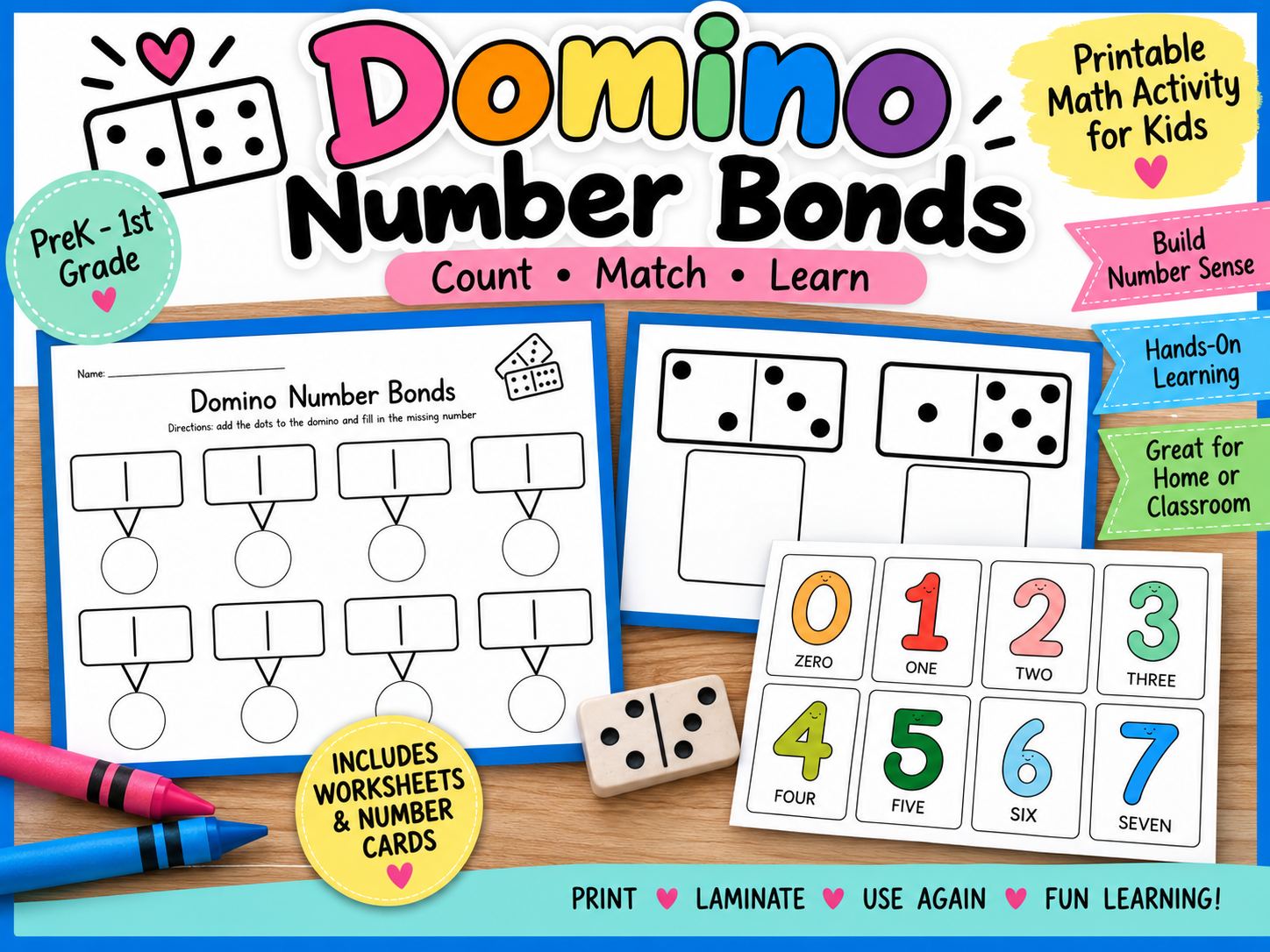Colorful Domino Number Bonds printable math activity for kids, PreK-1st grade, includes worksheets and number cards