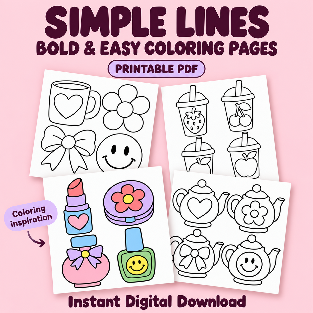 Bold and easy coloring pages for kids and adults with colored example of lipstick, perfume and nail polish designs