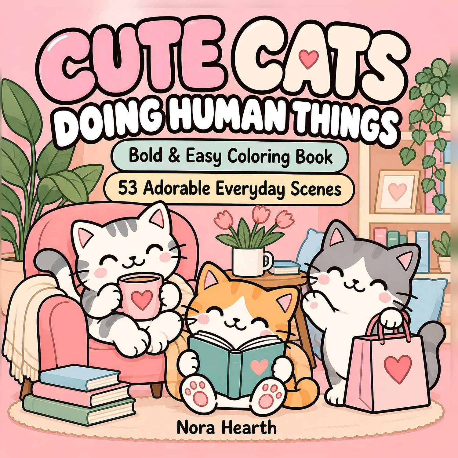 Colorful book cover titled "CUTE CATS DOING HUMAN THINGS" with illustrations of three cute cats in a cozy living room. One cat is sitting on a pink armchair holding a mug, another is sitting on the floor reading a book, and the third is standing nearby holding a shopping bag. The background features plants, books, and framed pictures, with a soft pink color scheme.